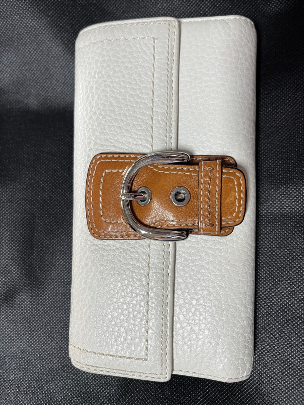 COACH Vintage White Leather Trifold Wallet with Tan Leather Silver Buckle Accent
